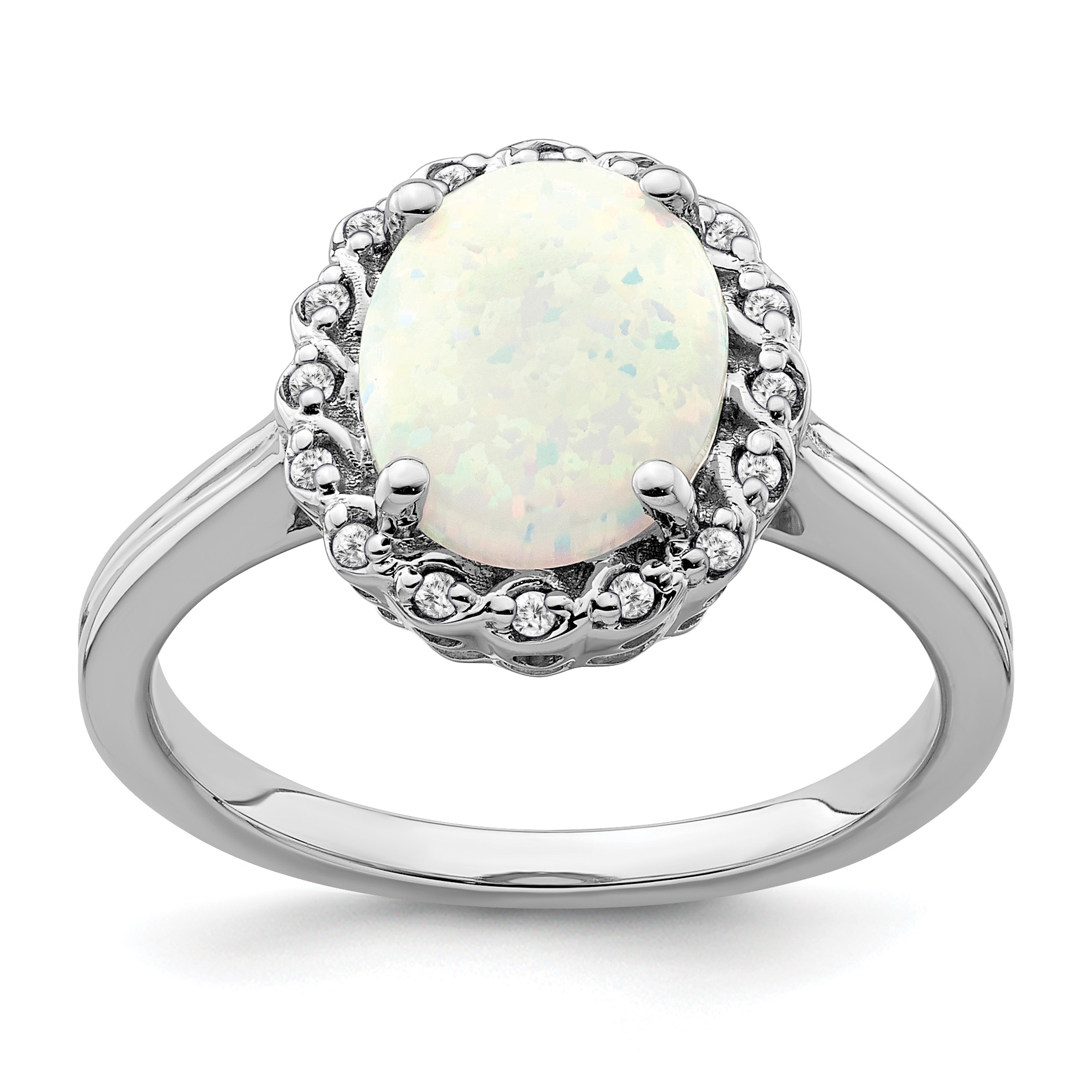  14k White Gold Created Opal and Diamond Halo Ring (RM7259-OP-008-WA)
