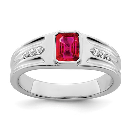 14k White Gold Created Ruby and Diamond Mens Ring