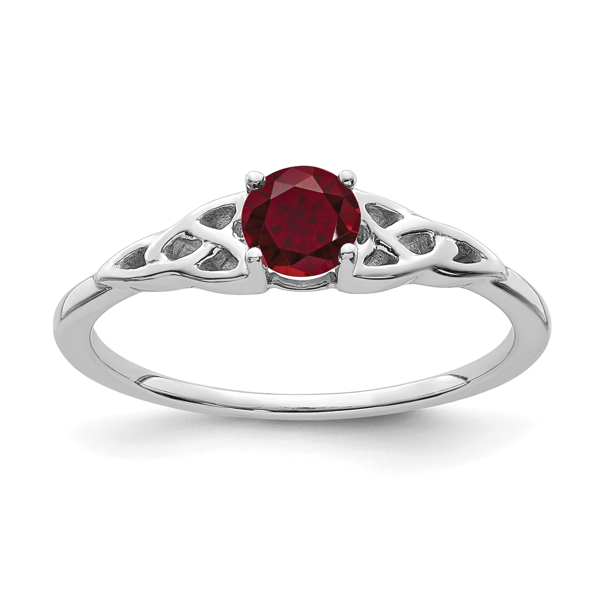 14K White Gold Created Ruby Celtic Knot Ring (RM7396-CRU-W)