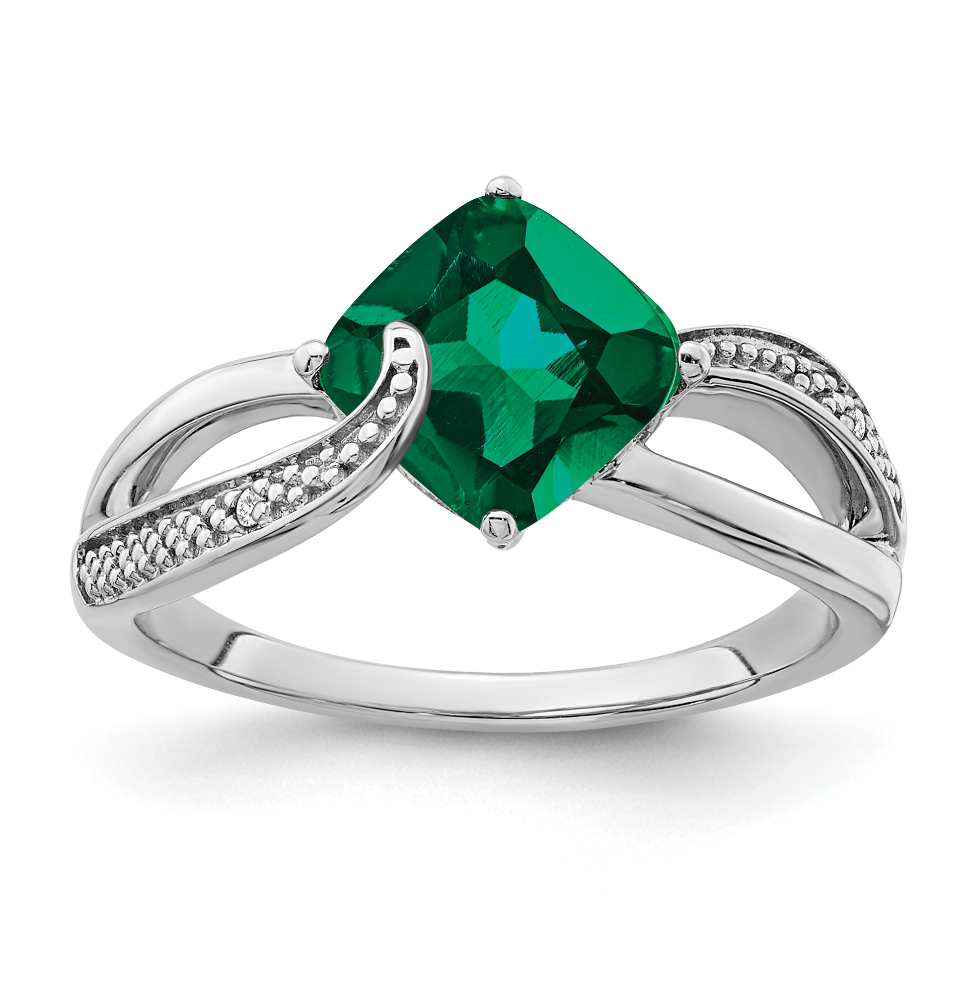 Sterling Silver Rhodium-plated Created Emerald and Diamond Ring (RM7402-CEM-001-SSA-6)