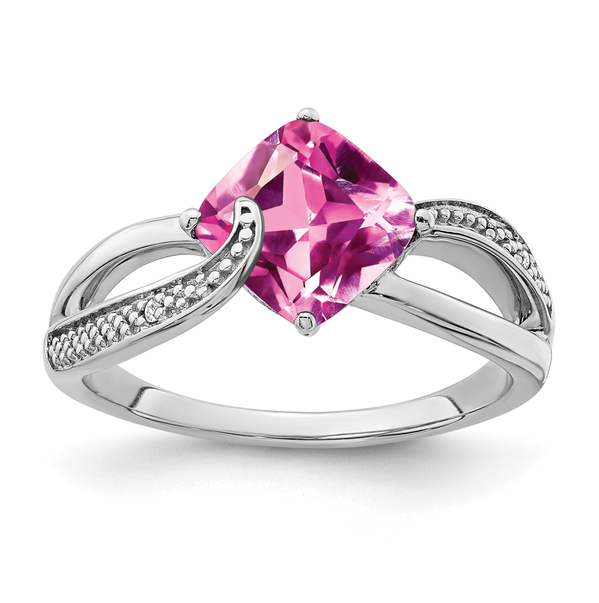 Sterling Silver Rhodium-plated Created Pink Sapphire and Diamond Ring (RM7402-CPS-001-SSA-7)