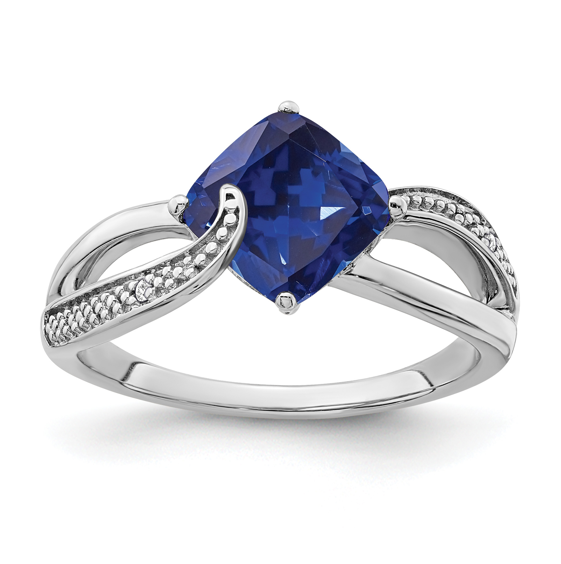 Sterling Silver Rhodium-plated Created Sapphire and Diamond Ring (RM7402-CSA-001-SSA-7)