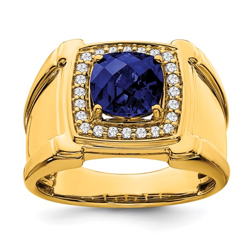 14k Created Checkerboard Sapphire and Diamond Mens Ring