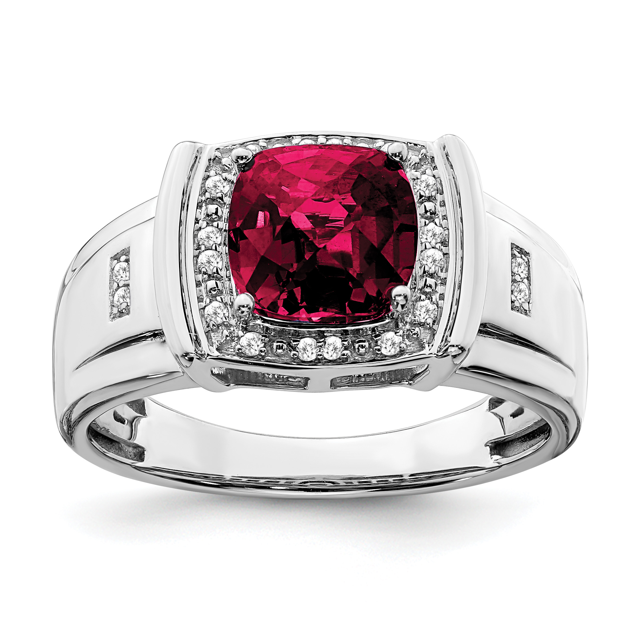 14k White Gold Cushion Created Ruby and Diamond Mens Ring (RM7468-CRU-010-WA)