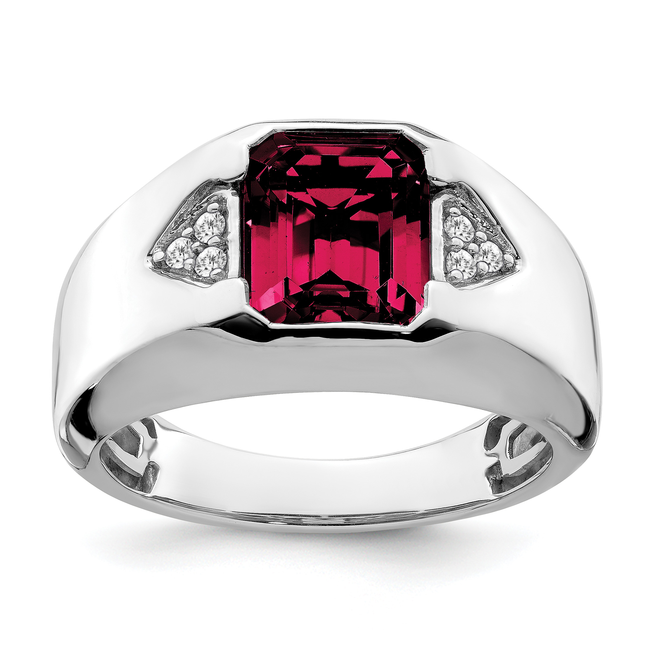 14k White Gold Emerald-cut Created Ruby and Diamond Mens Ring (RM7470-CRU-009-WA)