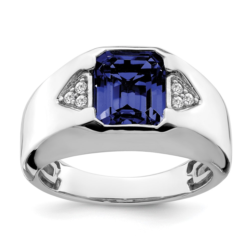 14k White Gold Emerald-cut Created Sapphire and Diamond Mens Ring