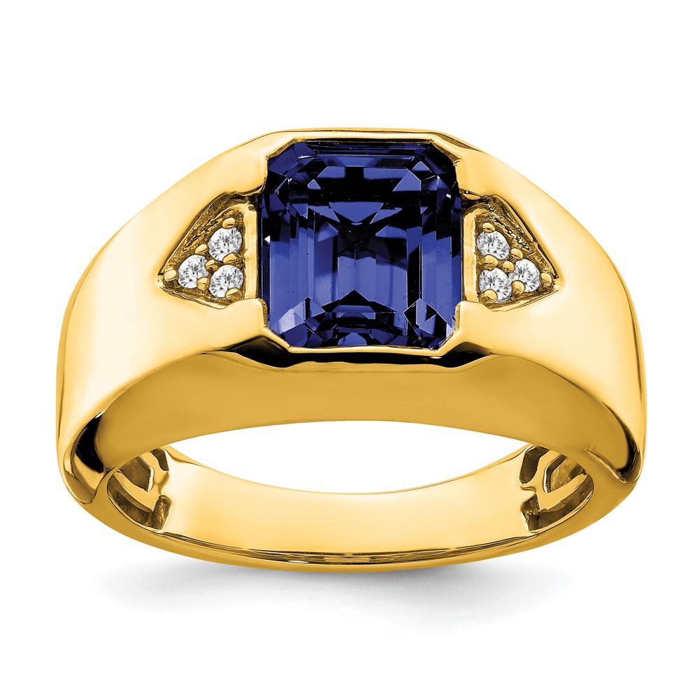 14k Emerald-cut Created Sapphire and Diamond Mens Ring