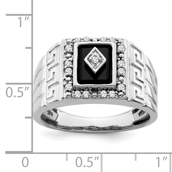 14k White Onyx and Diamond Greek Key Design Mens Ring