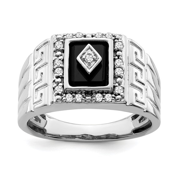 14k White Onyx and Diamond Greek Key Design Mens Ring