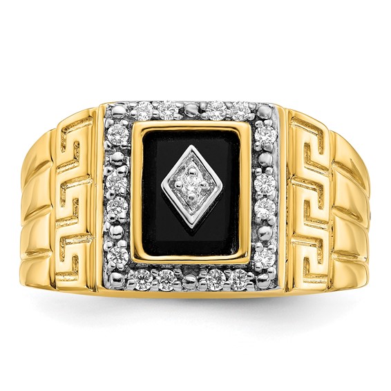 IB Goodman 14k 8x6.2mm Rectangle Onyx and 1/5 carat Diamond Greek Key Design Mens Ring