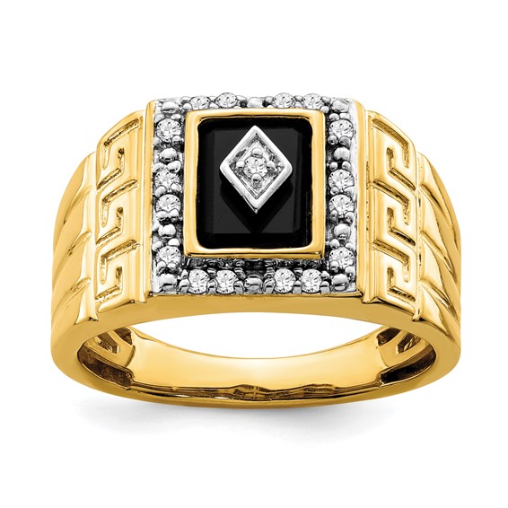 IB Goodman 14k 8x6.2mm Rectangle Onyx and 1/5 carat Diamond Greek Key Design Mens Ring