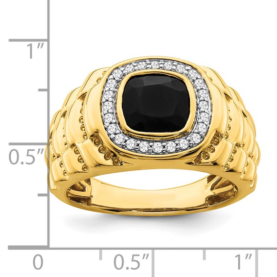IB Goodman 14k 8mm Cushion Onyx and 1/4 carat Diamond Halo Textured Mens Ring