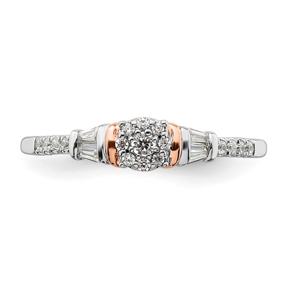 14k White and Rose Gold Cluster 1/5 carat Round/Baguette Diamond Complete Engagement Ring