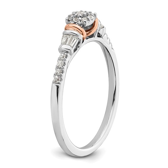 14k White and Rose Gold Cluster 1/5 carat Round/Baguette Diamond Complete Engagement Ring