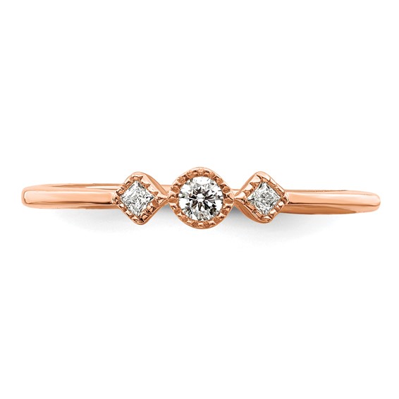 14k Rose Gold Beaded Edge Petite 3-Stone 1/10 carat Round/Princess Diamond Complete Promise/Engagement Ring