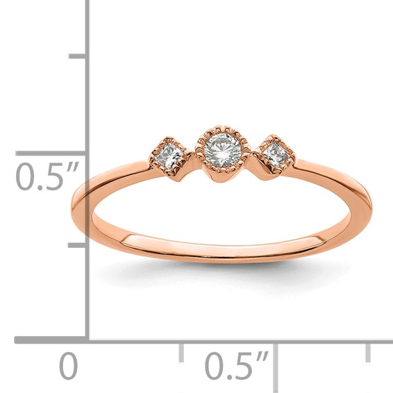14k Rose Gold Beaded Edge Petite 3-Stone 1/10 carat Round/Princess Diamond Complete Promise/Engagement Ring