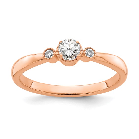 14k Rose Gold Beaded Edge Petite 3-Stone 1/4 carat Round Diamond Complete Promise/Engagement Ring