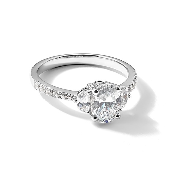 14k White Gold 3 Stone Half Moon/Oval Semi-Mount Including 2-Half Moon Side Stones Dia Ring