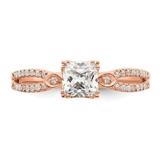 14k Rose Gold Split Shank (Holds 1/2 carat (4.9mm) Cushion Center) 1/8 carat Diamond Semi-Mount Engagement Ring