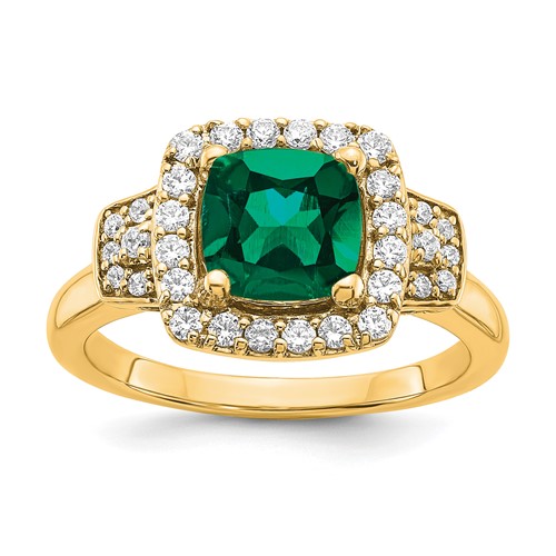 14K Yellow Gold 0.38 Carat Lab Grown Diamond VS SI+ G+ and Lab Created Emerald Complete Fashion Halo Ring