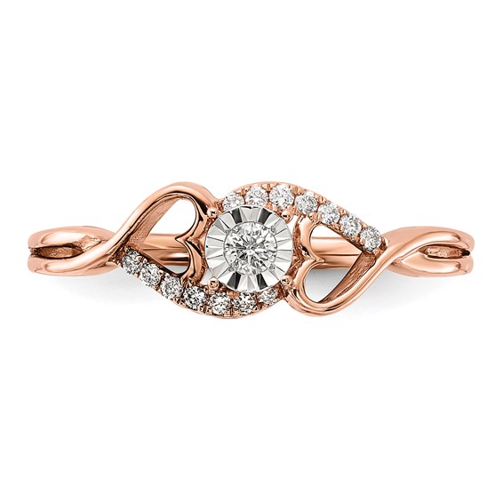 14k Rose Gold Polished 1/8 carat Diamond Side Hearts Ring