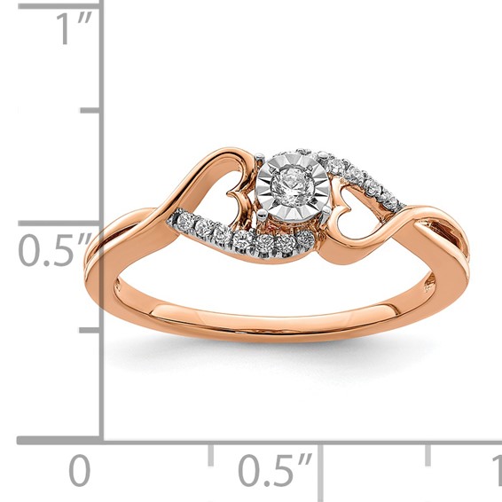 14k Rose Gold Polished 1/8 carat Diamond Side Hearts Ring