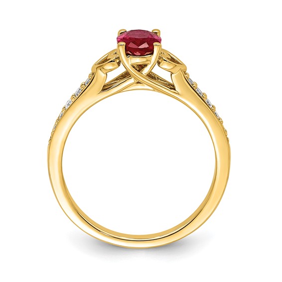 14k Polished Side Hearts 7x5mm Oval Ruby and 1/8 carat Diamond Ring