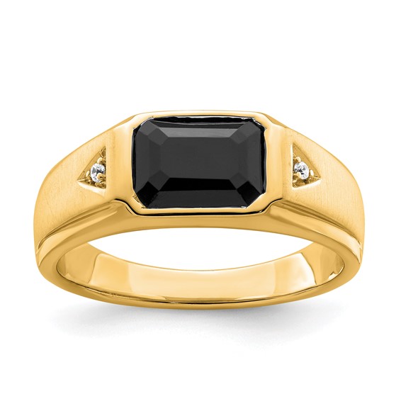 14k Yellow Gold Polished & Satin Onyx & Diamond Mens Ring