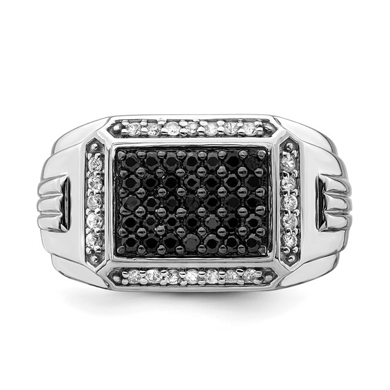 IB Goodman 14k White Gold Polished Black and White Sapphire Cluster Mens Ring