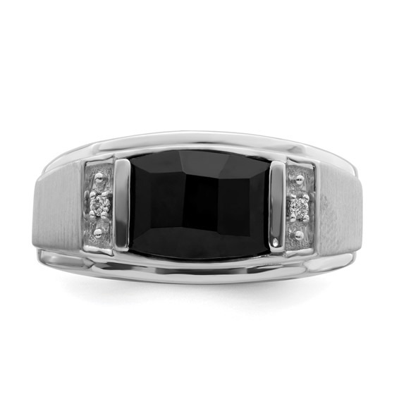 IB Goodman 14k White Gold Polished and Satin 10.5x8.2mm Barrel Onyx and Diamond Mens Ring