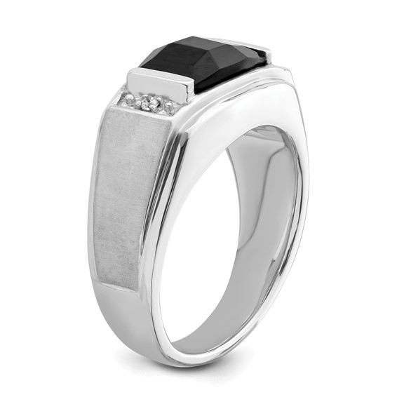 IB Goodman 14k White Gold Polished and Satin 10.5x8.2mm Barrel Onyx and Diamond Mens Ring