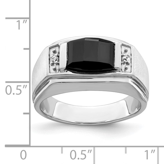 IB Goodman 14k White Gold Polished and Satin 10.5x8.2mm Barrel Onyx and Diamond Mens Ring