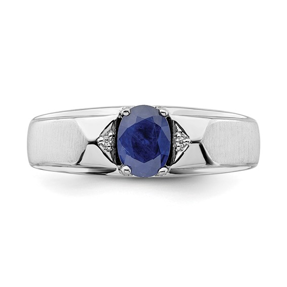 IB Goodman 14k White Gold Polished and Satin 7x5mm Oval Sapphire and Diamond Mens Ring