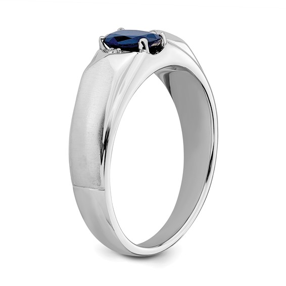 IB Goodman 14k White Gold Polished and Satin 7x5mm Oval Sapphire and Diamond Mens Ring