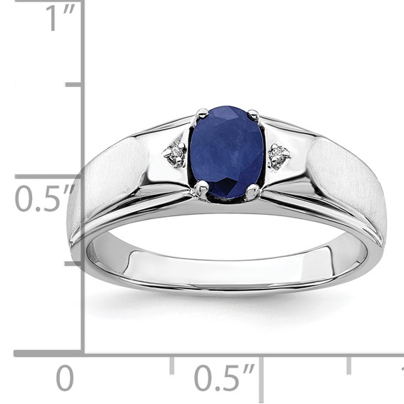 IB Goodman 14k White Gold Polished and Satin 7x5mm Oval Sapphire and Diamond Mens Ring