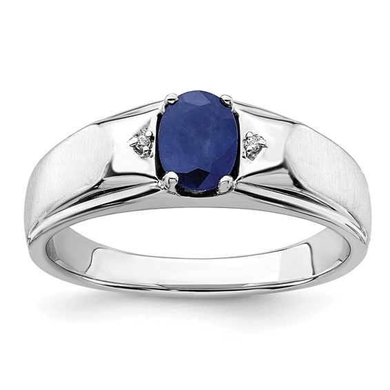 IB Goodman 14k White Gold Polished and Satin 7x5mm Oval Sapphire and Diamond Mens Ring