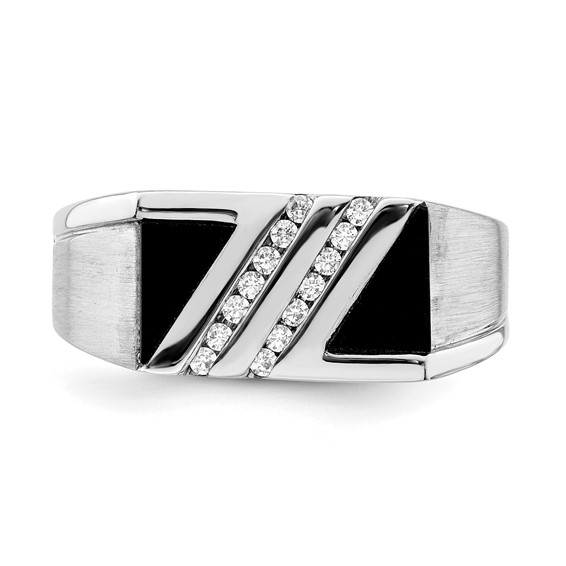 IB Goodman 14k White Gold Polished and Satin Triangle Onyx and 1/6 carat Diamond Mens Ring