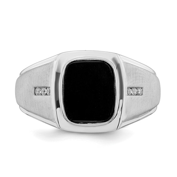 IB Goodman 14k White Gold Polished and Satin Cushion Onyx 1/15 carat Diamond Mens Ring