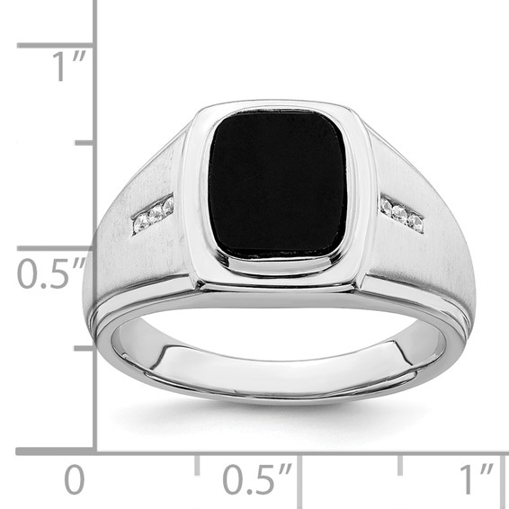 IB Goodman 14k White Gold Polished and Satin Cushion Onyx 1/15 carat Diamond Mens Ring