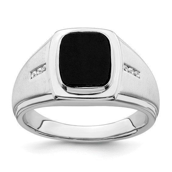 IB Goodman 14k White Gold Polished and Satin Cushion Onyx 1/15 carat Diamond Mens Ring