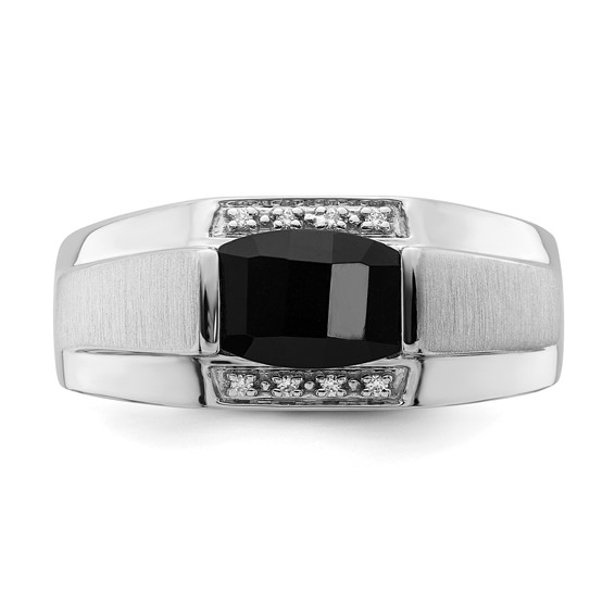 IB Goodman 14k White Gold Polished and Satin 8x6mm Barrel Onyx and Diamond Mens Ring