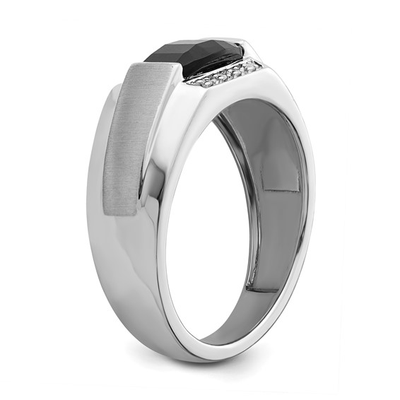 IB Goodman 14k White Gold Polished and Satin 8x6mm Barrel Onyx and Diamond Mens Ring