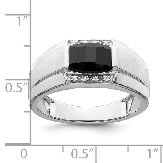 IB Goodman 14k White Gold Polished and Satin 8x6mm Barrel Onyx and Diamond Mens Ring