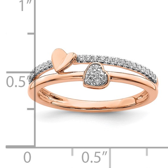 14k Rose Gold Polished 1/8 carat Diamond Two Hearts Ring