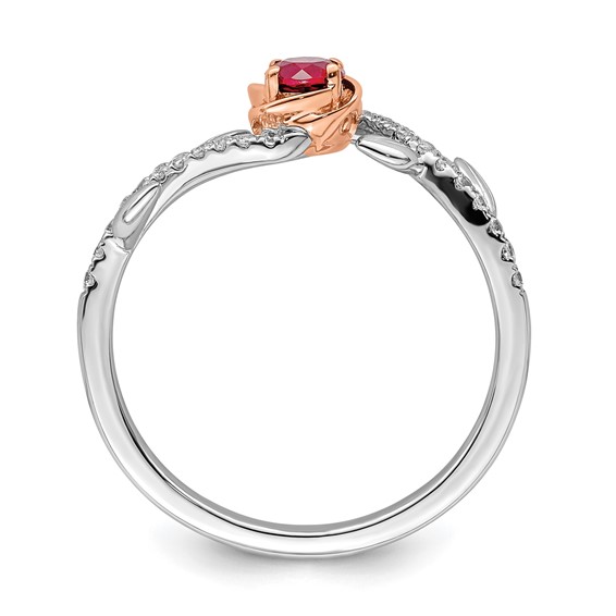 14k Two-tone Polished 3.5mm Round Ruby and 1/10 carat Diamond Floral Ring