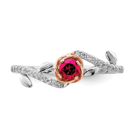 14k Two-tone Polished 3.5mm Round Ruby and 1/10 carat Diamond Floral Ring