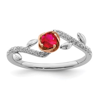 14k Two-tone Polished 3.5mm Round Ruby and 1/10 carat Diamond Floral Ring