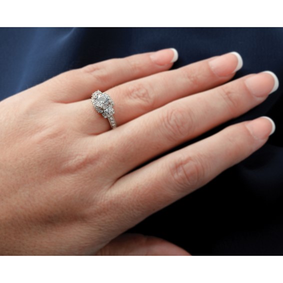 14K White 3-Stone Plus (Holds 1 carat (6.5mm) Round Center) Halo Semi-Mount Diamond Engagement Ring