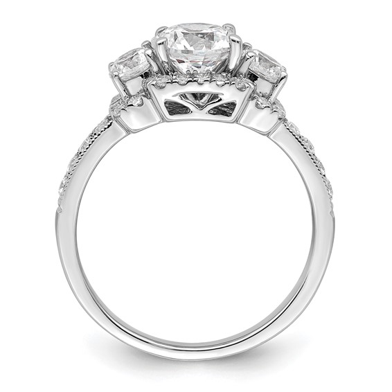 14K White 3-Stone Plus (Holds 1 carat (6.5mm) Round Center) Halo Semi-Mount Diamond Engagement Ring
