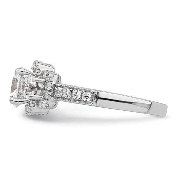 14K White 3-Stone Plus (Holds 1 carat (6.5mm) Round Center) Halo Semi-Mount Diamond Engagement Ring